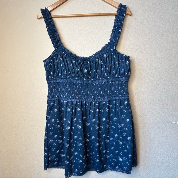 For Love And Lemons Lola Pointelle Dress Blue Floral - Picture 7 of 7